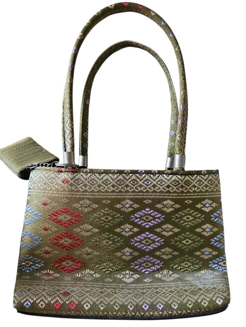 Thai Silk Brocade Handbag Gold Diamond Weave Top Handle Evening Bag - Picture 5 of 6